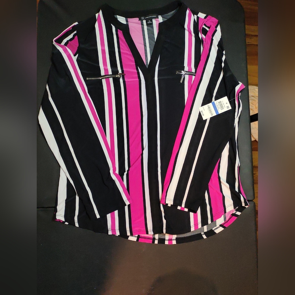 INC Striped Zip-Detail Blouse Top Women's Sz XL